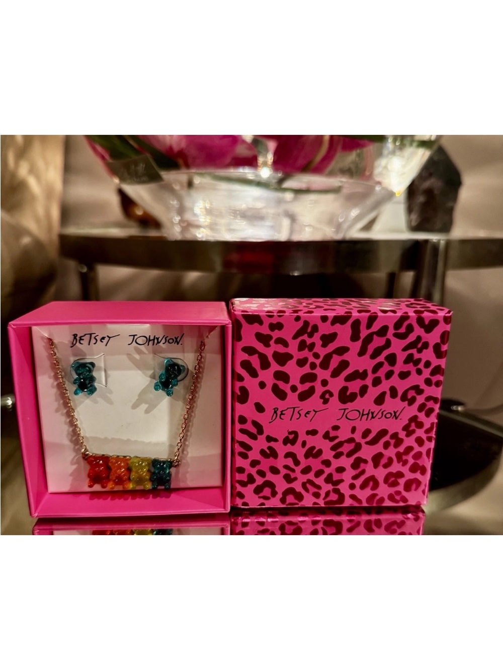 BETSEY JOHNSON RAINBOW GUMMY BEAR STUD EARRINGS AND GOLD-TONE NECKLACE NIB! - Picture 4 of 6